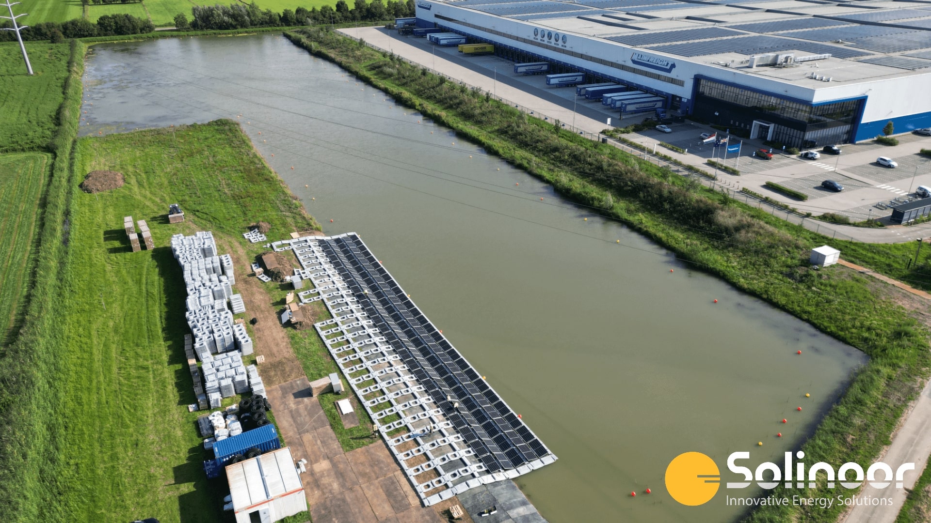 Drone view of the construction site of the floating solar park Zaltbommel in the Netherlands