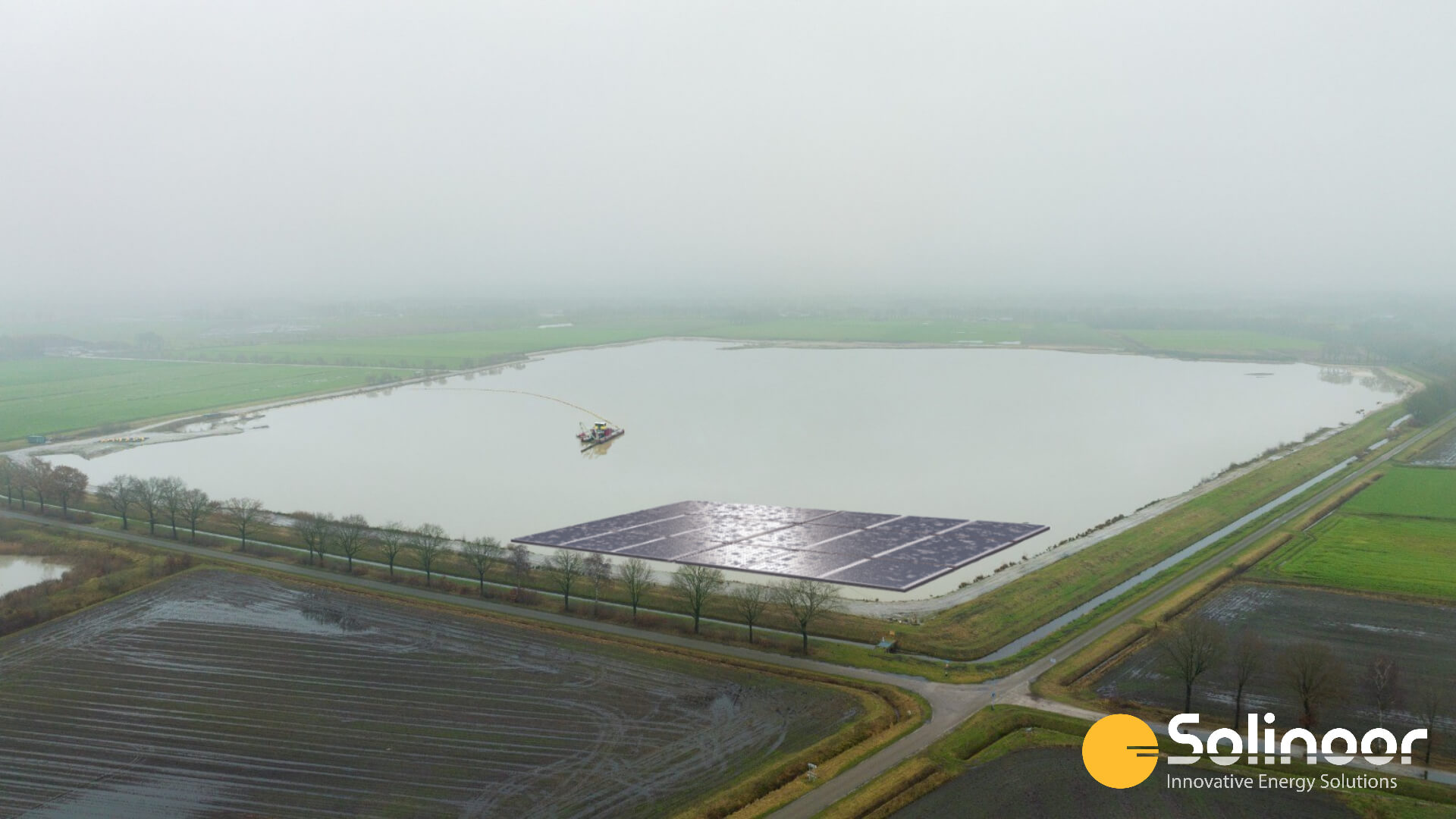 Ellertshaar sand extraction floating solar 3D distant view, Drenthe, Netherlands
