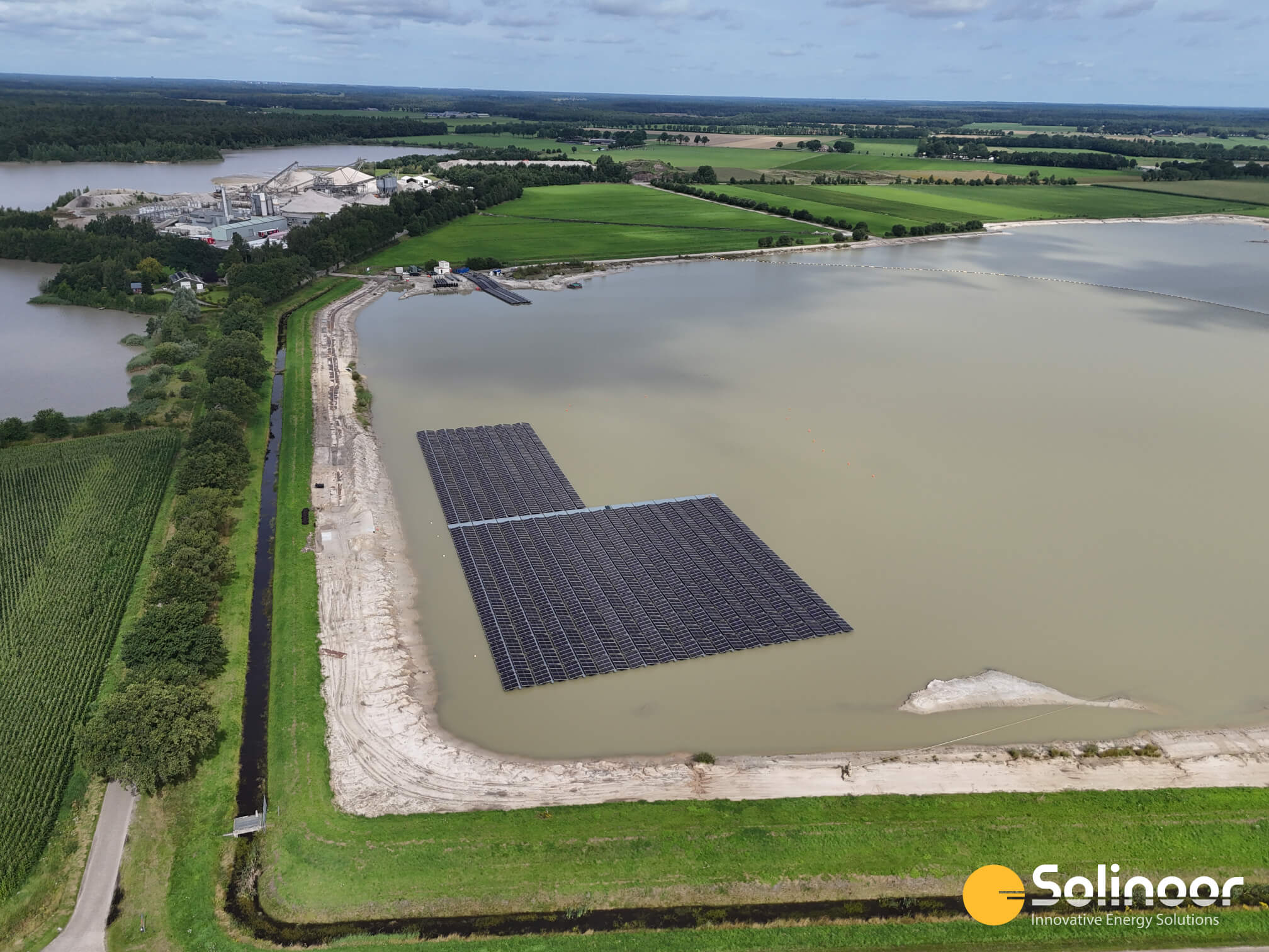 Ellertshaar sand extraction floating solar 3D distant view, Drenthe, Netherlands