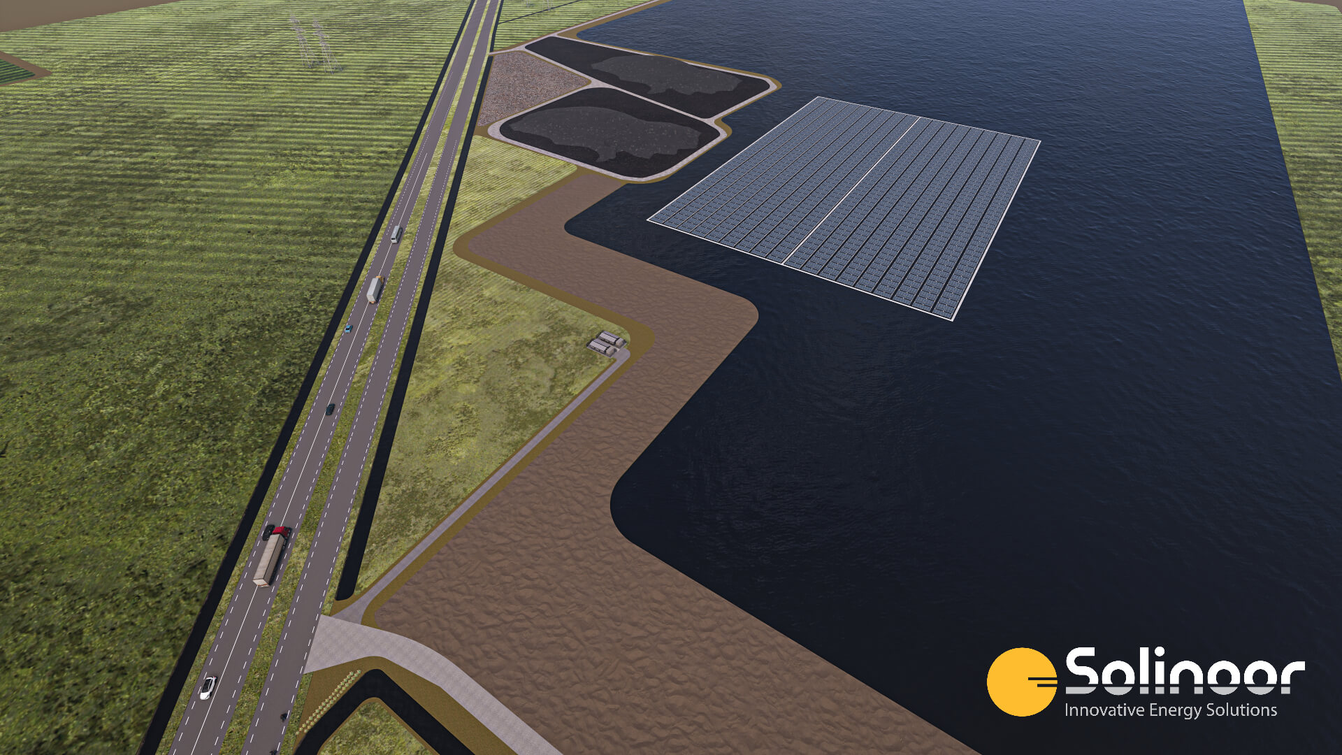 Floating solar park Overijsssel top view 3D render