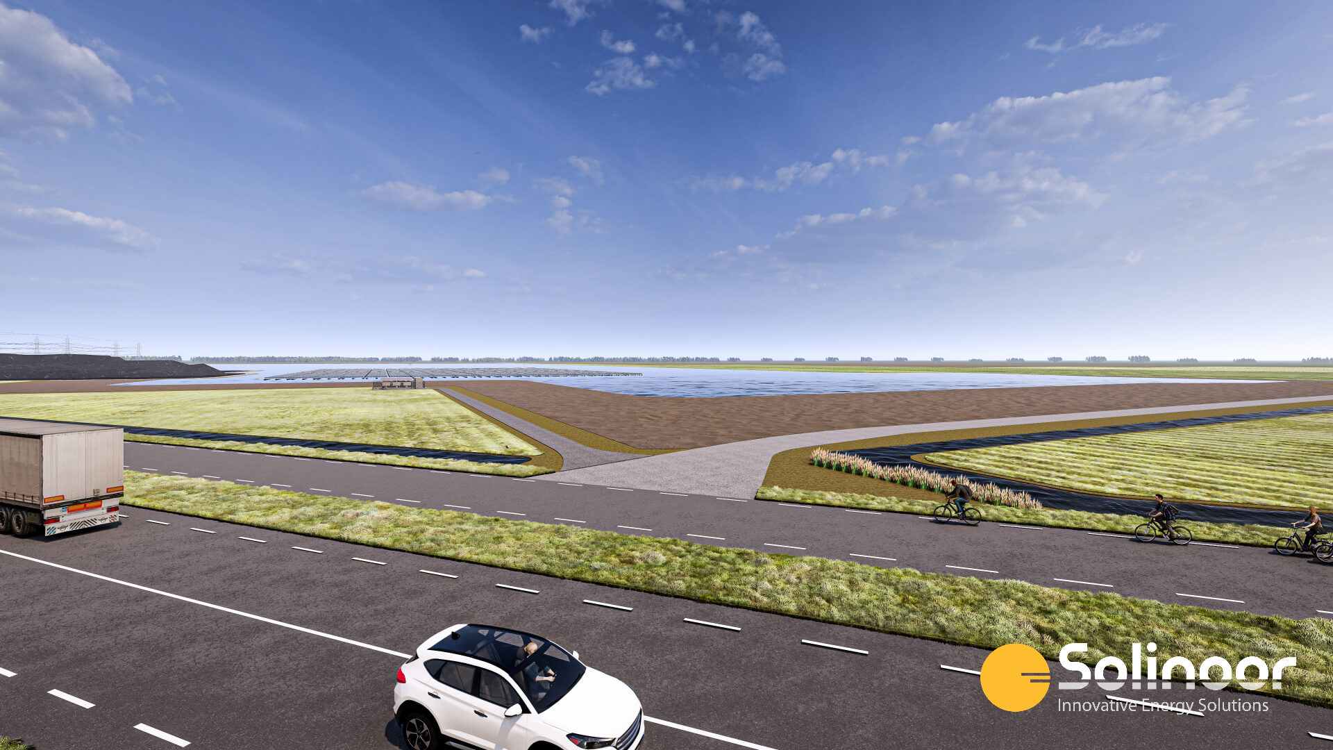 Floating solar park Overijssel view from road 3D render