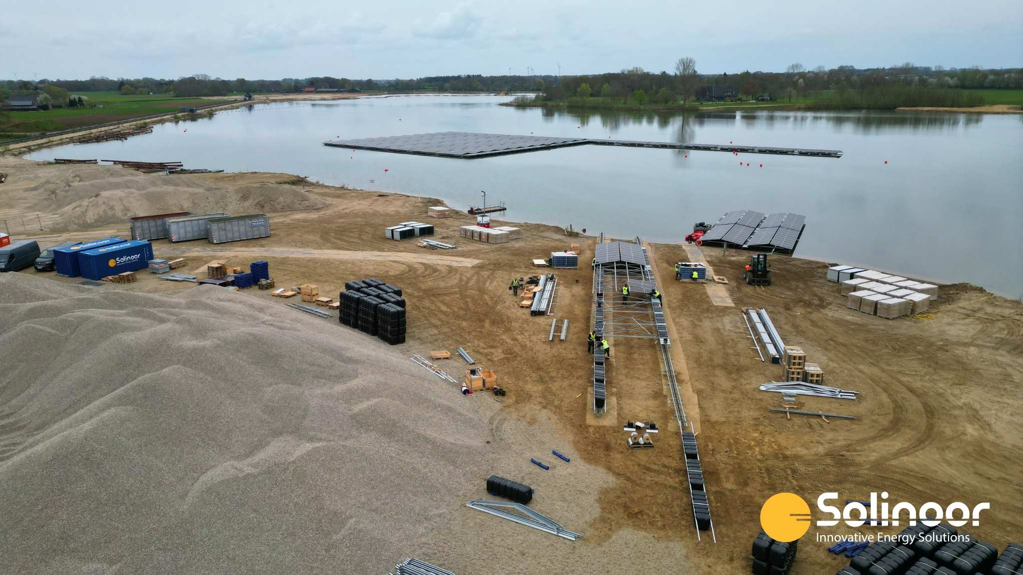 Concrete anchoring works of the floating solar park in Zaltbommel, the Netherlands