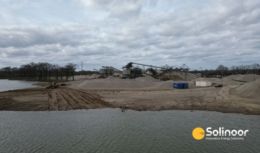 Drone view of the construction site of the floating solar park Zaltbommel in the Netherlands