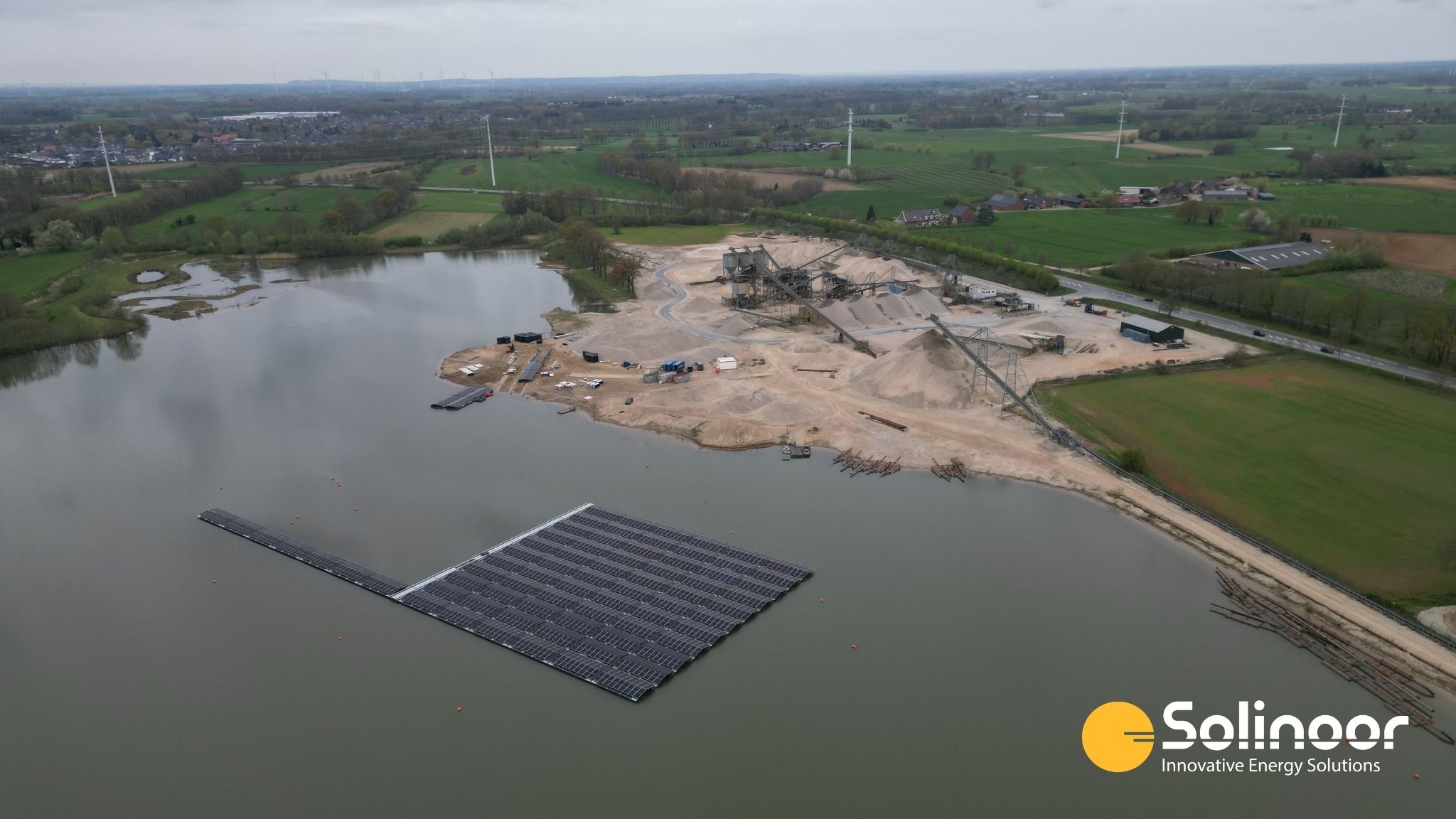 Drone view of the construction site of the floating solar park Zaltbommel in the Netherlands